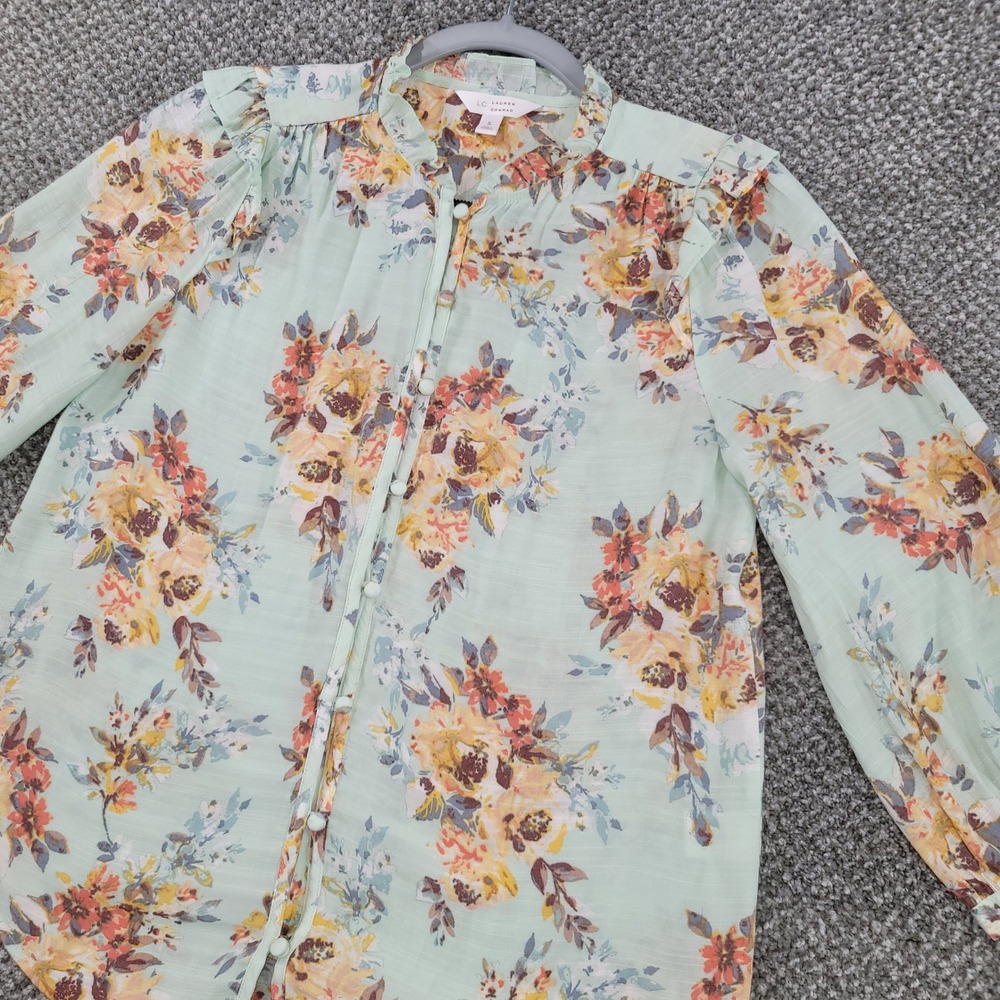 LC Lauren Conrad Floral Ruffle Button Up Blouse Womens Small Green Long Sleeve